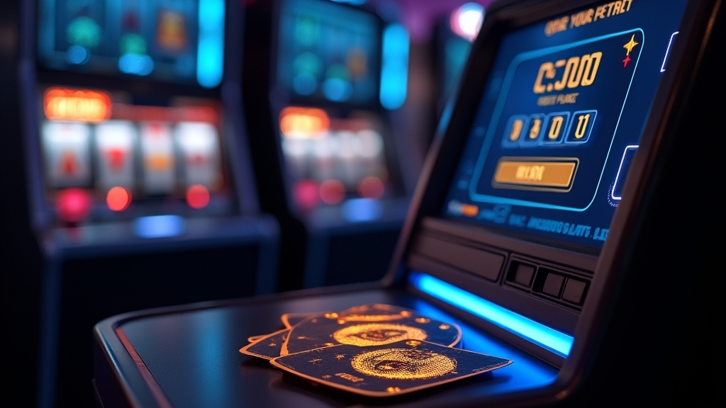 Glowing casino bonus cards and a promo code terminal in a dark review-style scene