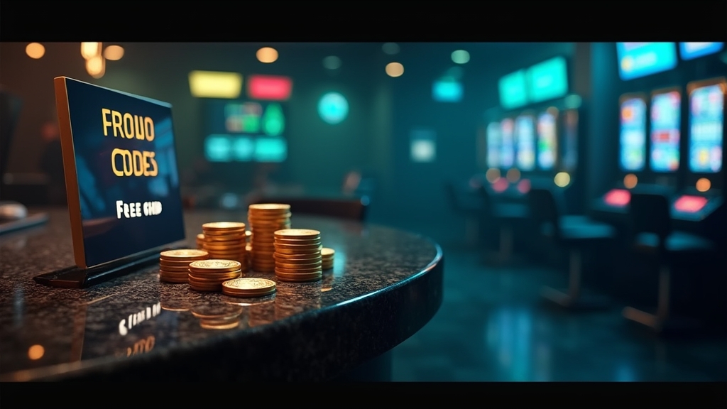 Free chips and a promo code panel glowing inside a dark casino room
