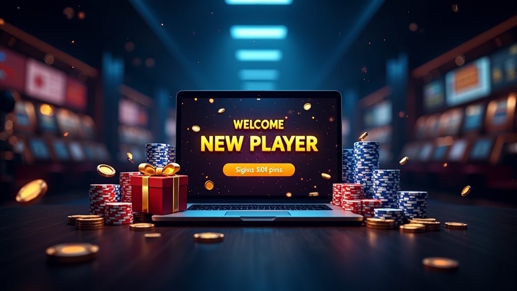 Welcome bonus banner with chips and a registration screen in a dark casino setting